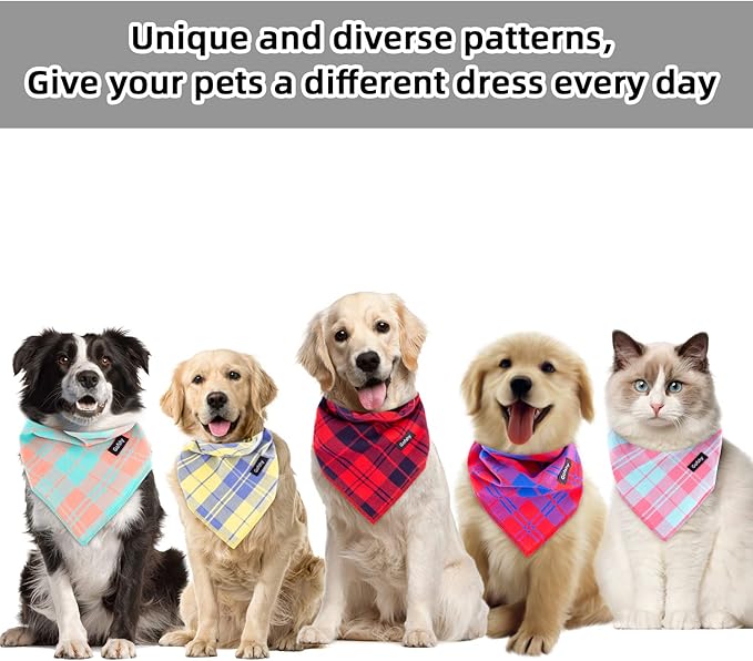 Dog Bandanas-5PCS Birthday Gift Puppy Bandana Vibrant Color Plaid Printing Adjustable Scarf Bib Handkerchief Accessories for Medium Large Dog Pet