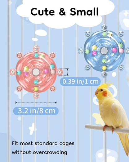Pawfly 2 Pcs Bird Toys for Parakeets, Spinning Wheel Chew Toys, Interactive Spinner Rattle Parrot Toys, Cockatiel Toys, Bird Cage Accessories for Entertainment Chewing Exercise, Blue & Pink