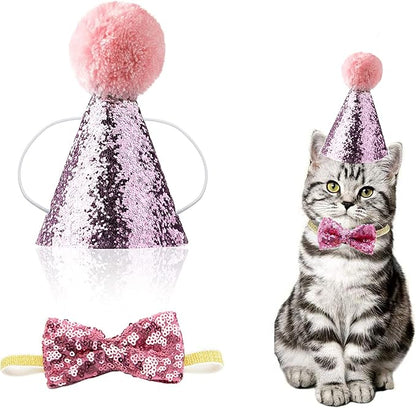 Christmas Pet Party Jazz Hat and Blingbling Bow Tie Breakaway Collar Set, Adjustable Headband for Kitten Puppy Small Dogs Cats (02 Pink-Hat)