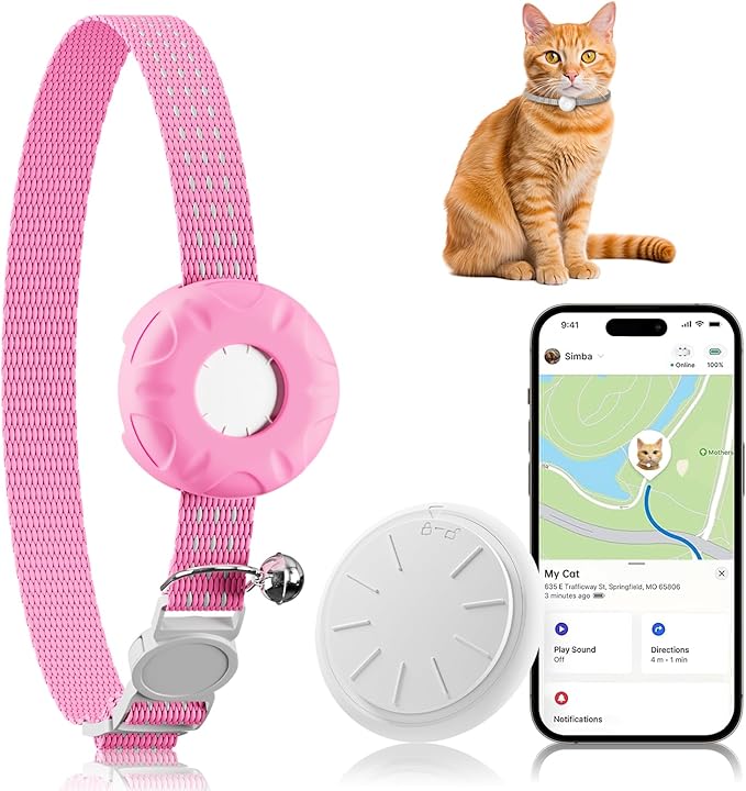 Cat Tracker, Lightweight GPS Tracker Compatible with Apple Find My App(Only iOS), Waterproof Cat Trackers Collar with Bell and Safety Elastic Buckle, No Monthly Fee Pet Tracker, Pink