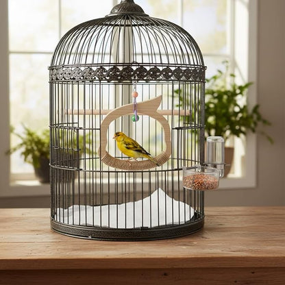 Wooden Bird Swing Perch Toy for Small and Medium Parrots, Natural Wood Ring with Bell and Rope Wrap, Hanging Cage Toy for Cockatiels, Budgies, Lovebirds, Conures