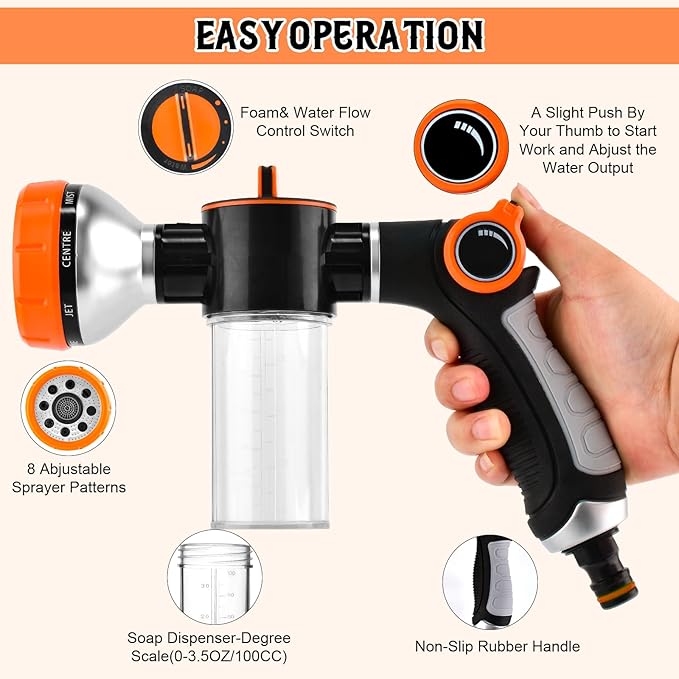 Dog Wash Hose Attachment, High Pressure Garden Water Hose Nozzle 8 Way Foam Sprayer with Soap Dispenser Bottle for Watering Plants, Car Washing, Pet Showering Bathing Tool