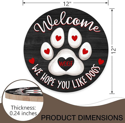 Deroro Welcome We Hope You Like Dogs Front Door Sign, Dog Cat Paw Print Black Farm Wood Door Hanger Outdoor Porch Decor, Woof Farmhouse Wooden Wreath Indoor Wall Hanging Decoration Dog Lover Gifts