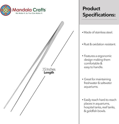 Mandala Crafts 15 Inches Silver Stainless Steel Straight Aquarium Tweezers for Aquatic Plants – Long Aquascape Forceps for Fish Tanks, Hospital Tanks, Goldfish Bowls, and Terrariums