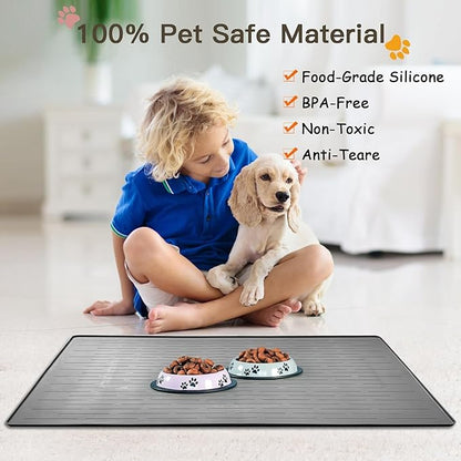 Largest Dog Food Mat, 48"x32" Silicone Dog and Cat Mat for Food and Water Bowls, Thinken Waterproof Non-Slip XXXL Pet Feeding Mat for Floors (Grayish White)