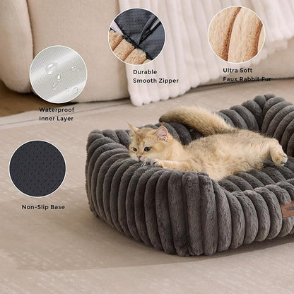 Large Cat Beds - Orthopedic Dog Bed for Medium Dogs, Rectangle Pet Bed with Fluffy Removable Washable Cover, 25x21x9inches, Beige