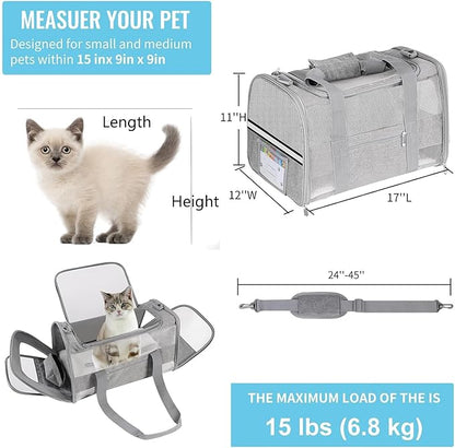 Soft - Sided Pet Carrier for Cats and Small Dogs, Airline - Approved, Grey Travel Tote with Mesh Windows, Foldable Bowl, Shoulder Strap, Oeko - TEX Certified