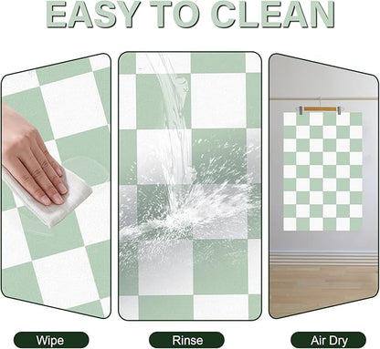 Cat Food Mat - 12"x 20" Cat Dog Mats for Food and Water Bowl, Checkered Pet Placemat Feeding Mat, Non-Slip Under Pet Bowls Mats for Messy Drinkers, Green & White