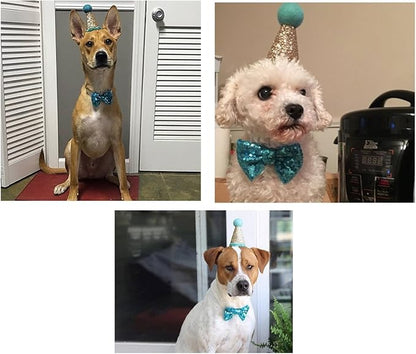 CheeseandU Pet Cute Birthday Party Cone Hat and Bow tie Collar Set with Adjustable Headband and Pom-poms Topper for Small Medium Dogs Cats Pets Valentines Day Hat Collar Costume, Blue