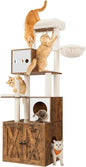Feandrea Cat Tree with Litter Box Enclosure, 70.1-Inch Tall Cat Tower, 2-in-1 Modern Condo with Scratching Posts, Perch, Caves, Basket, Washable Cushion, Rustic Brown UPCT116X01