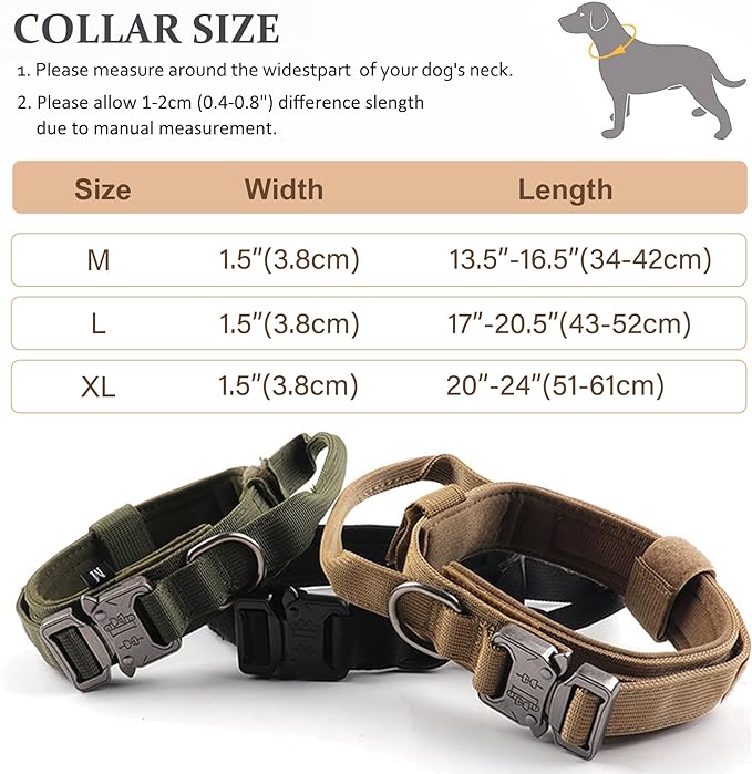 Tactical Dog Collar, Adjustable Military Training Nylon Dog Collar with Control Handle and Heavy Quick-Release Metal Buckle for Small Medium Large Dogs, Brown L