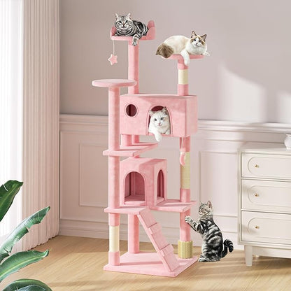 MoNiBloom 77 Inch Cat Tree Tower for Indoor Cats Large Adults, Tall Cat Tower with Scratching Post, Multi-Level Furniture Activity Center with Cat Condo Pet Play House, Soft Pink