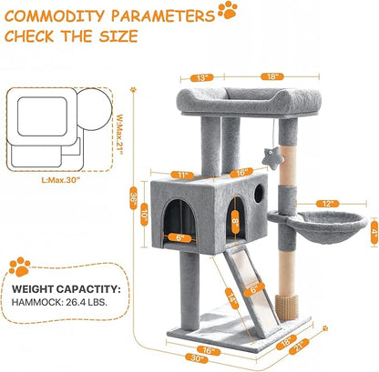 36-Inch Cat Tree Tower for Small and Medium Indoor Cats, Multi-Level Cat Furniture with Sisal Scratching Posts, Hammock, Condo & Scratching Board, Light Gray