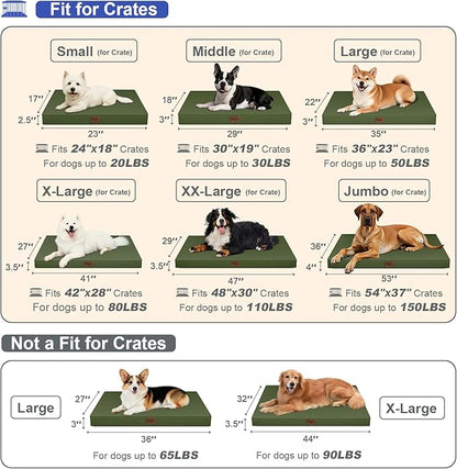 Outdoor Large Washable Dog Bed, Orthopedic Egg Crate Foam Dog Crate Mat for Large Dogs with Removable Oxford Cooling Cover, Amy Green
