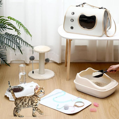 Eccliy Kitten Starter Kit, 10 Pcs Cat Starter Kit for Indoor Cats Kitten Essentials Includes Litter Box, Pet Toy, Folding Carrier, Climbing Frame, Mat, Collar, Automatic Food Bow (Cute,White)