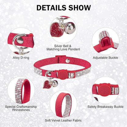 Rhinestone Cat Collar Breakaway with Bell, Diamond Cat Collar with Safety Buckle Quick Release for Girl Boy Small Kitten Pets Puppy,Cute Soft Female Male Cat Collars, Color Red 8-12"