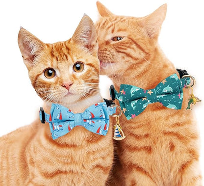 2 Pack Breakaway Cat Collar with Removable Bow Tie and Bell for Boy Girl Cats,Cute Cotton Kitten Collar with Purple Lavender and Red Flower Pattern for Female Male Cats (Dolphin&Sailboat)