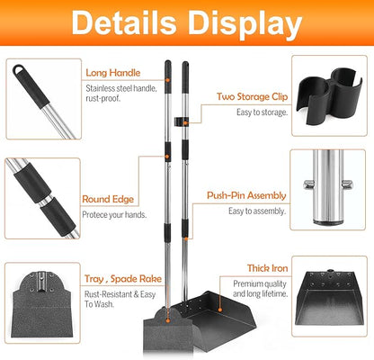 Pooper Scooper, Metal Aluminum Tray and Spade Poop Scoop Set with Adjustable Stainless Steel Long Handle, Pet Waste Removal Heavy Duty Poop Scooper (Tray&Spade, Medium)