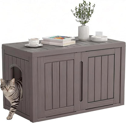 Cat Litter Box Enclosure, Hidden Enclosed Litter Box Furniture with Adjustable Partition, Multi-Functional Outdoor Cat House, Side Table, Easy to Clean, Dark Gray