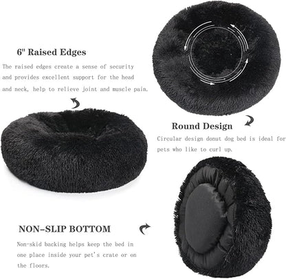 Calming Donut Dogs Beds for Small Dogs Washable,23inch Plush Round Pet Bed for Cozy Sleep,Fluffy Faux Fur Large Cat Bed,Fits up to 25 lbs Pets,Black