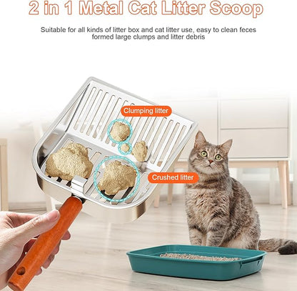 Stainless Steel Cat Litter Scoop with Holder, Kitty Poop Scooper Stand for Litter Box, Fast Sifting Non-Stick Cat Poop Scooper with Coarse and Fine Grids for All Litter Pan, Green