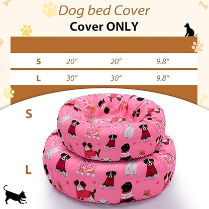 Round Replacement Dog Bed Covers Elastic Edged Washable Pet Bed Protector with Pink Dog Pattern Design for Small & Medium Pet Beds, Cover Only (Pink, 20 x 9.8 Inch)