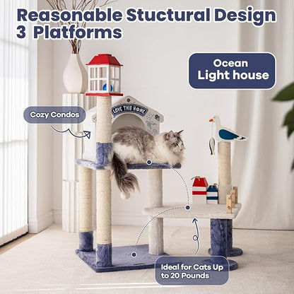 HYABi 43.5-Inch Novelty House Seagull Buoy Collapsible Cat Tree Tower Condo Bed Furniture Plush Ball Toy Fish Platforms Multi-Level with Scratching Posts Play for Indoor Cats