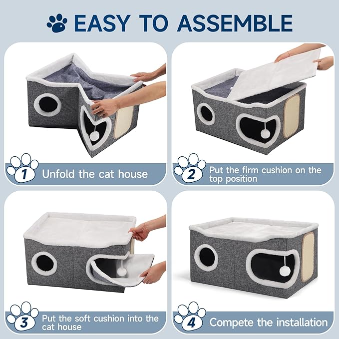 Shikha Cat Beds for Indoor Cats, Extra Wide Cat Cube House for Multi Cats, Foldable Cat Cave Hideaway with Arc-Edge Design & Oval Door, Reversible Cushion for All Seasons, 24"L x 17.7"D x 12.6"H, Grey