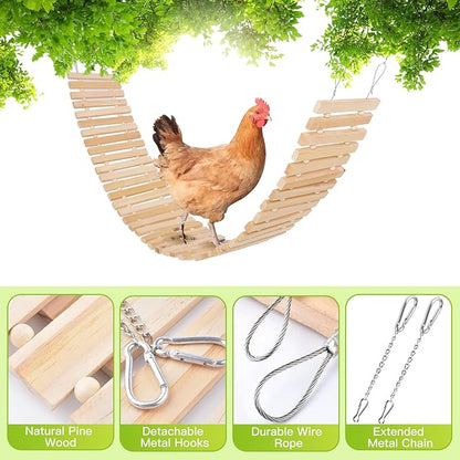 Jorewood Chicken Coop Toy Natural Wooden Chicken Swing & Bridge Toys Multi-Functional Poultry Perch with Wooden Beads (Safe for Chickens/Ducks)