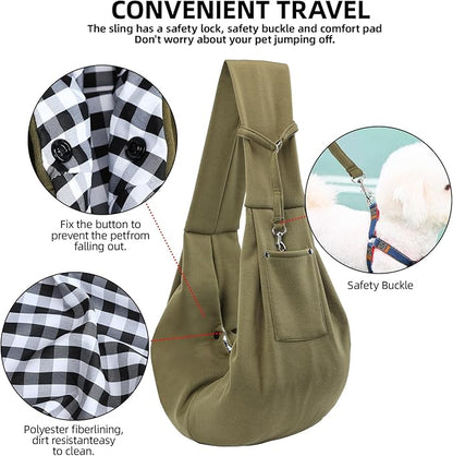 Dog Carrier Sling - Reversible Puppy Carrier Purse with Storage Pocket, Hand-Free Dog Sling Carrier for Carry Small Dogs and Cats, Travel Safety Harness, Dog and Cat Harness (Green)