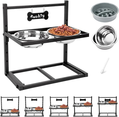 Elevated Dog Bowls with Slow Feeder Dog Bowls, 5 Height Adjustable Raised Bowl Stand with 2 Stainless Steel Food & Water Container, Pet Bowl Elevated for Medium Large Pet