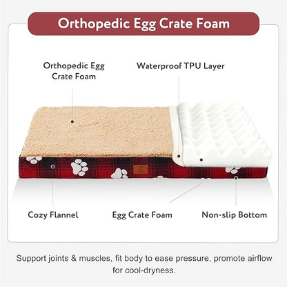 Waterproof Orthopedic Dog Bed for Large Medium Sized Dogs 35x22 Inch - Egg Crate Foam Pet Crate Bed with Removable Washable Cover, Plush Top Anti-Slip Bed Mat, Christmas Red