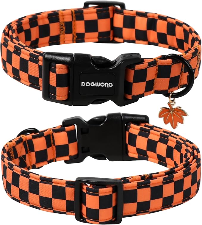 DOGWONG Fall Dog Collar, Orange Checkered Dog Collar Adjustable Soft Cute Pet Dog Collars Cute Plaid Puppy Necklace for Small Medium Large Dogs