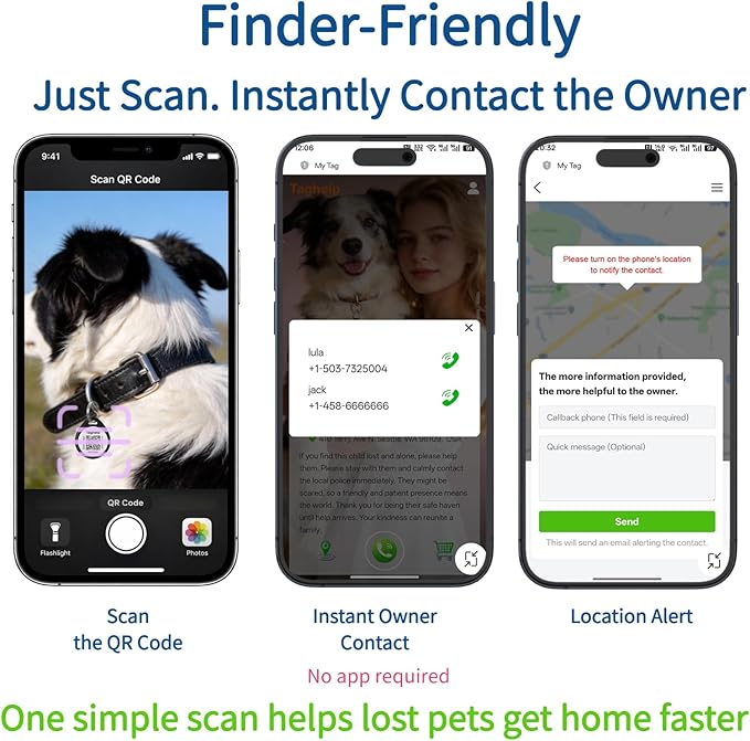 QR Code Dog ID Tag for Collar, Smart Pet ID with Instant Location Email Alerts, Silent Anti-Lost Dog Tag, No App or Subscription, Online Pet Profile Access（1.2”, Black）