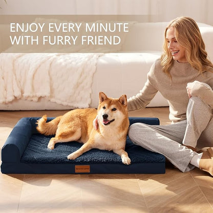 Patas Lague Orthopedic Dog Bed Medium Size Dog 30''X20'', Waterproof L Bolster Medium Pet Sofa Beds with Removable Washable Cover, Soft Comfortable Pet Couch Crate Mat with Nonskid Bottom, Navy Blue