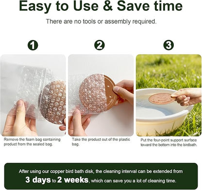 2-Pack Upgraded Bird Bath Copper Disks, 0.8mm Reinforced 99.99% Pure Copper Cleaning Disks, 4-Point Support&Concave Base for Physical Safe Clean Water, Outdoor All-Season Fit Birdbaths&Bowls