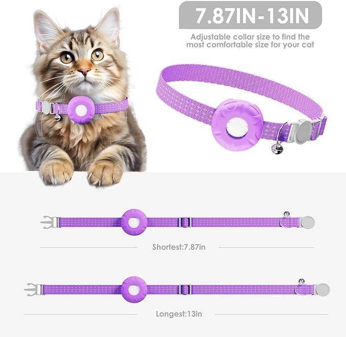 GPS Tracker for Cats, Compatible with Apple Find My App (Only iOS), No Monthly Fee Cat Tracker, Waterproof (White Tracker, Purple Cat Collar)