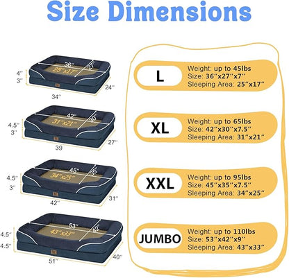 Washable Orthopedic Large Dog Bed - Removable Waterproof Cover with Bolster Machine Washable Extra Large Dog Bed Foam Support XL Large Big Pet Dogs Beds