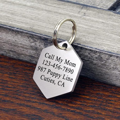 Ultra Joys Custom Personalized Hexagon Dog ID Tag - Brushed Stainless Steel Silver Large