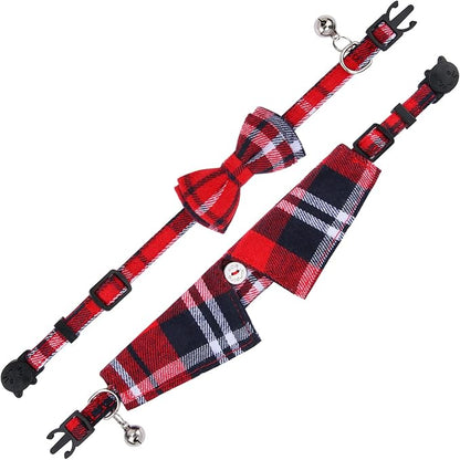 Faleela 2 Pack/Set Cat Collar with Cute Bow Tie and Bell,Breakaway Plaid Shirt Collar for Kitty Adjustable Safety