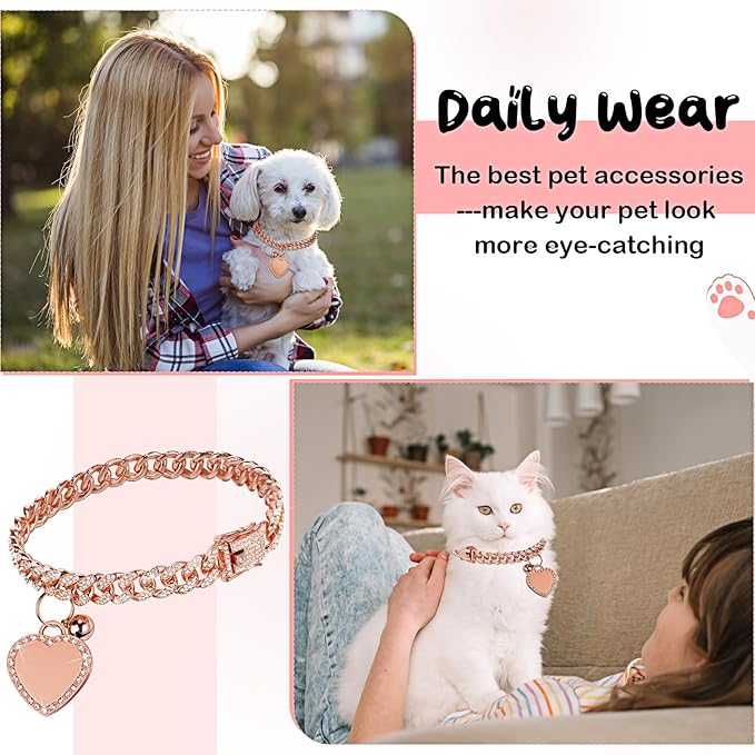 Hillban Dog Chain Gold-Plated Diamond Collar with Heart Rhinestones Jewelry Pet ID Tag Chain Bling Puppy Collar with Personalized Name Tag for Small Medium Large Dog Cat(Rose Gold,8 Inch)