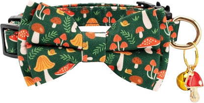 2 Pack Cotton Cat Collar with Bow Tie and Bell for Male Female Cats,Soft Fancy Breakaway Kitty Kitten Collar with Ghost& Pumpkin Patterned Design for Boy Girl Cats. (Pumpkin&Mushroom)