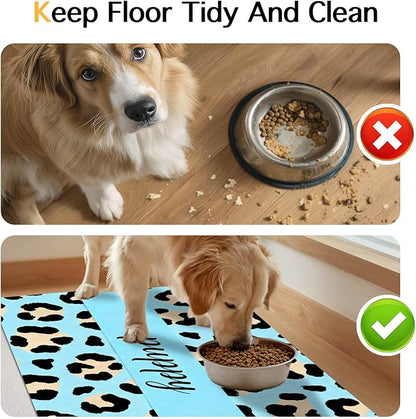 Puppy Feeding Mat 20x12 inch Blue Leopard Print Dog Bowl Placemat Non Slip Mat for Pet Food and Water Small Dog Feeding Area Indoor Puppy Food Station Pet Meal Mats for Kitchen Floor Use