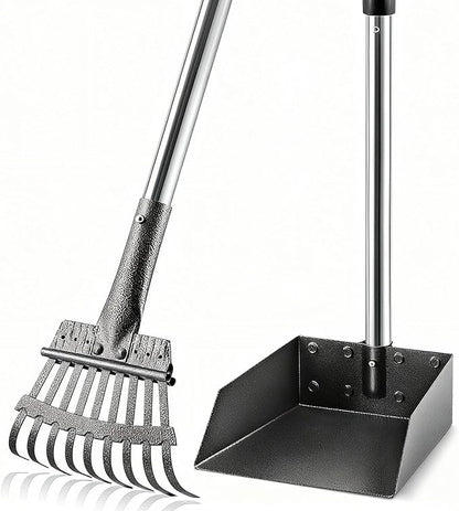 Pooper Scooper, Long Handle Pet Supplies Dog Pooper Scooper with Stainless Metal Tray and Rake for Large Medium Small Dogs Heavy Duty, Use on Grass, Dirt or Gravel