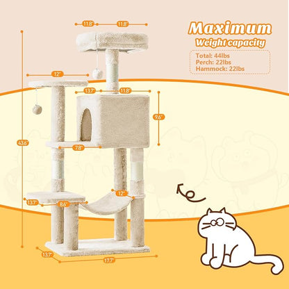 Sweetcrispy 44 Inch Cat Tree Tower, Cat Climbing Tower with Natural Sisal Scratching Posts, Hammock, Pet Condo for Indoor Cats and Kittens Play, Beige