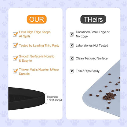 100% Waterproof 0.5" Raised Edge BPA Free Silicone Dog Food Mat, Pet Cat Feeding Mats Contain Spills Protects Floors, Placemats for Cats and Dogs Water Bowl Dishwasher. (Large/XL, Black)