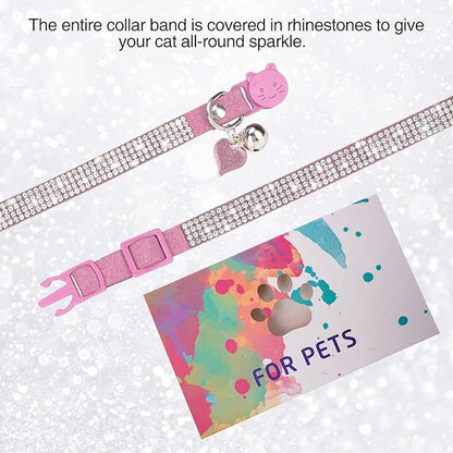 Rhinestone Cat Collar Breakaway with Bell, Diamond Cat Collar with Safety Buckle Quick Release for Girl Boy Small Kitten Pets Puppy,Cute Soft Female Male Cat Collars, Color Pink 7-9"