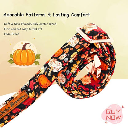 Fall Dog Collar, Leaf Pumpkin Print Adjustable Pet Collar Cute Cotton Soft Collars with Bow Tie Metal Buckle Holiday Puppy Collars Boy&Girl Gift for Small Dogs