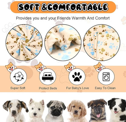Rezutan Dog Blanket for Large Dogs, Upgraded 3 Pack Dog Cat Flannel Blankets Washable, Soft Pet Mat Throw Cover Suitable for Kennel Crate Bed, Cute Paw Pattern, Beige, 31" x 41"