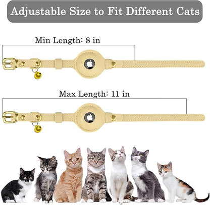 OOPSDOGGY Leather AirTag Cat Collar with Bell - Non Breakaway Kitten Collar with Apple Air Tag Holder - Lightweight GPS Pet Collars for Girl Boy Cats, Small Dogs, Puppies (Beige)